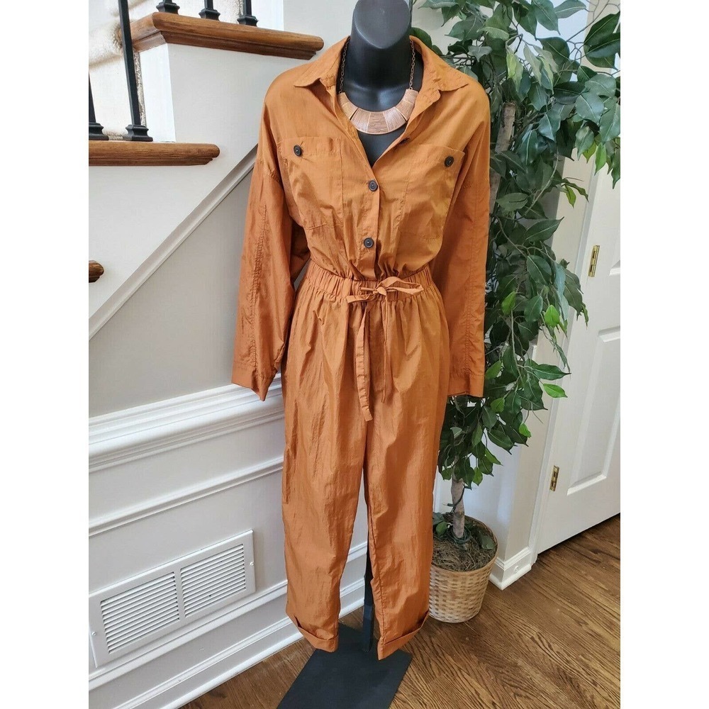 Favlux Women's Orange Rayon Long Sleeve Collared Casual Adjustable Romper Size M